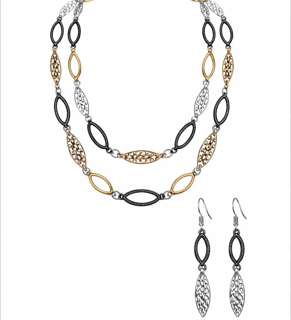 Mixed Hammered Metal Oval Link Layered 17" - 19.5" Necklace Dangle Earrings Set
